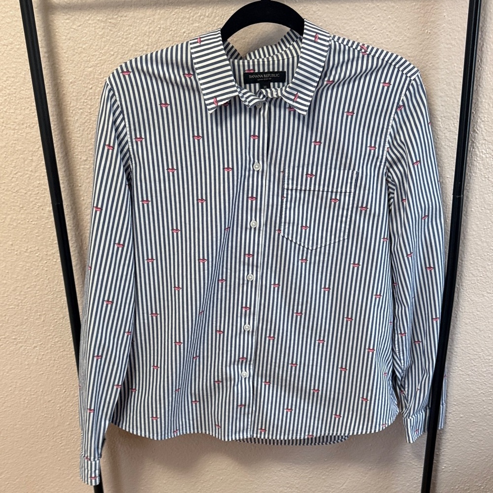 Banana Republic Striped Shirt with Cute Pink Lip Accents